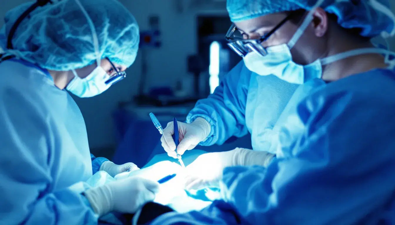 Two surgeons in blue scrubs focused on performing a surgical procedure in an operating room.