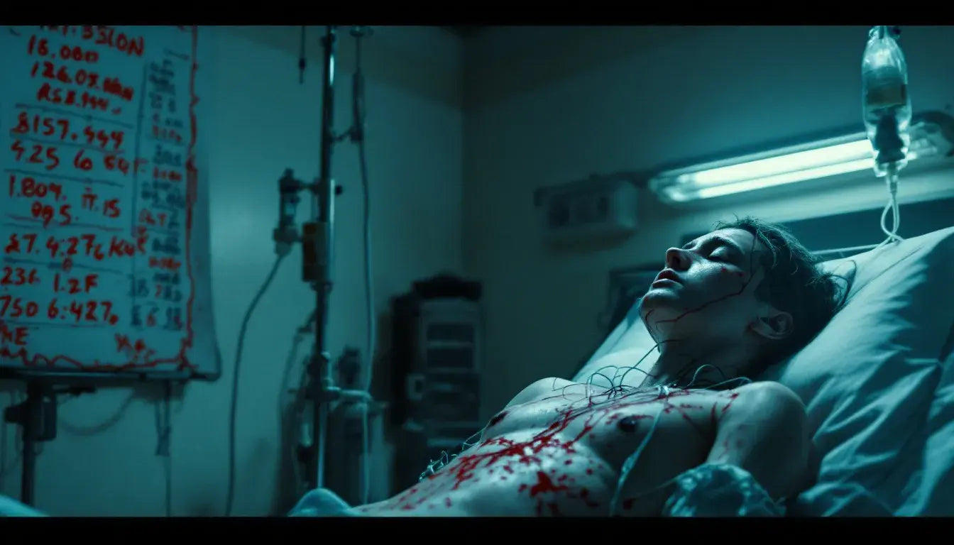A man in a hospital bed with blood on his face, indicating a serious condition related to a virus.