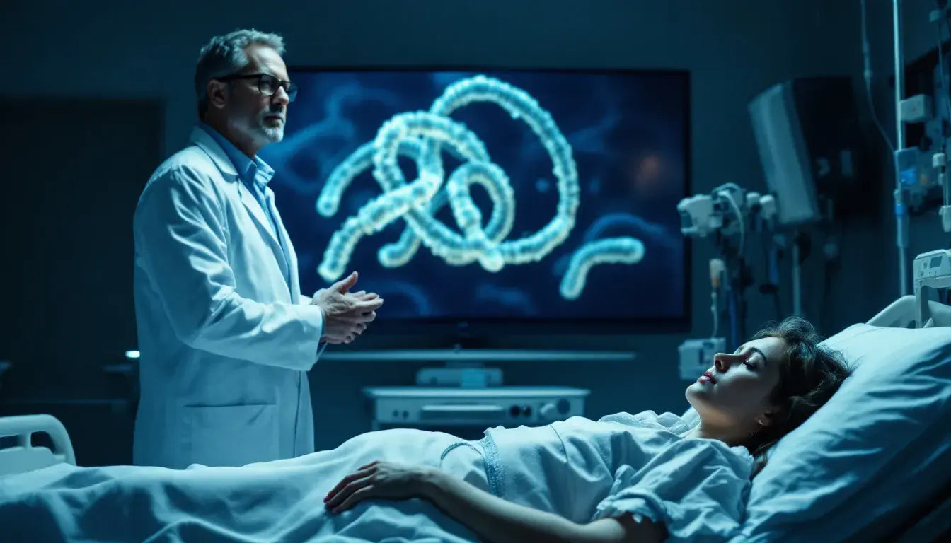A doctor stands beside a woman in a hospital bed, both appearing concerned about her condition related to a virus.