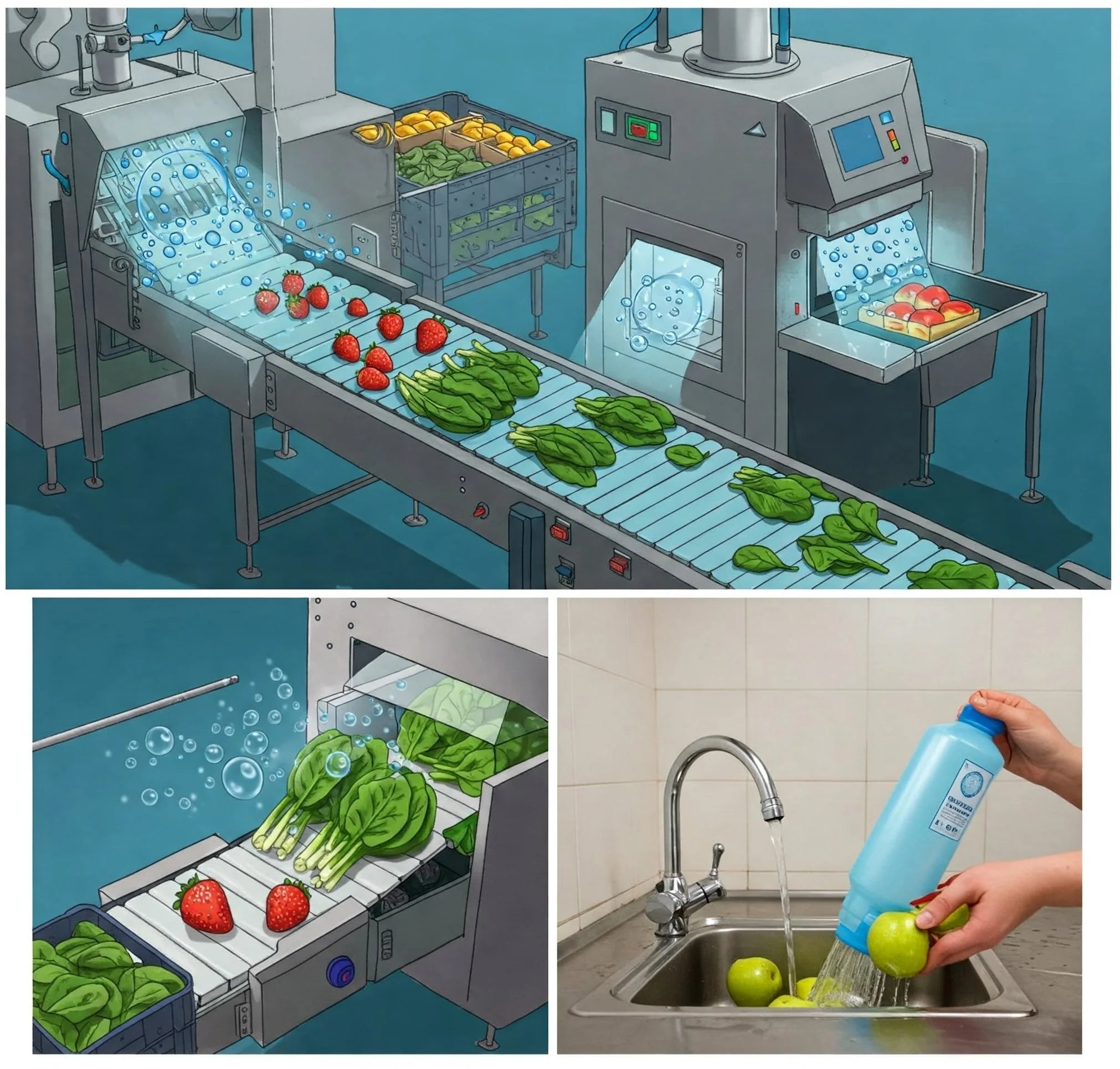 A sequence of images depicting a person using a machine to wash various vegetables thoroughly.