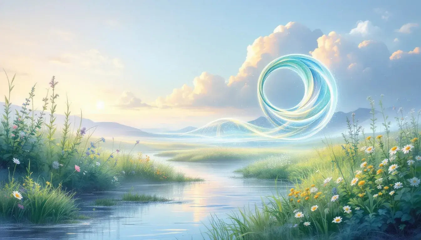 A river featuring a prominent blue spiral pattern in its center, surrounded by natural scenery.