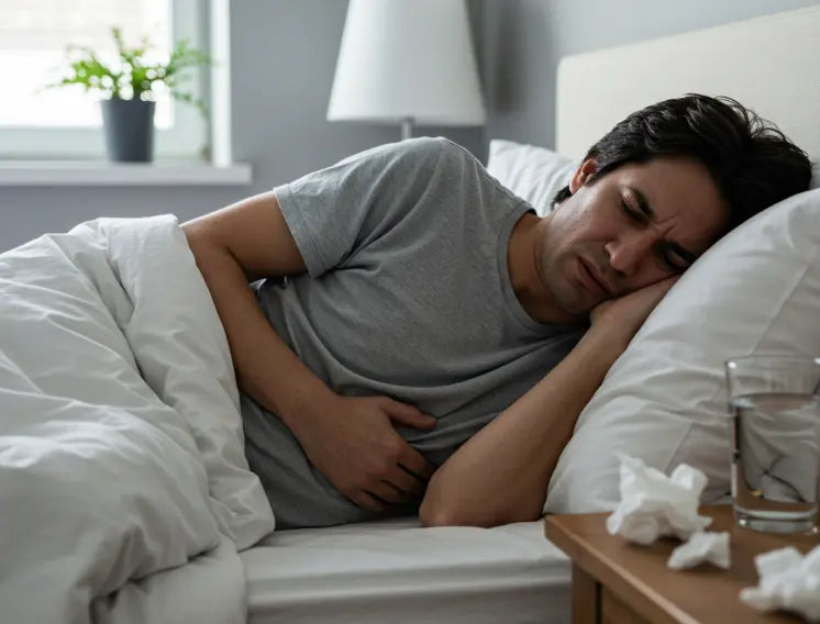 A man asleep in bed, with a glass of water on the bedside table.