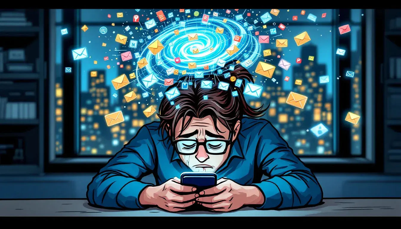 A man with glasses focuses on his phone, possibly reading messages or using an app.