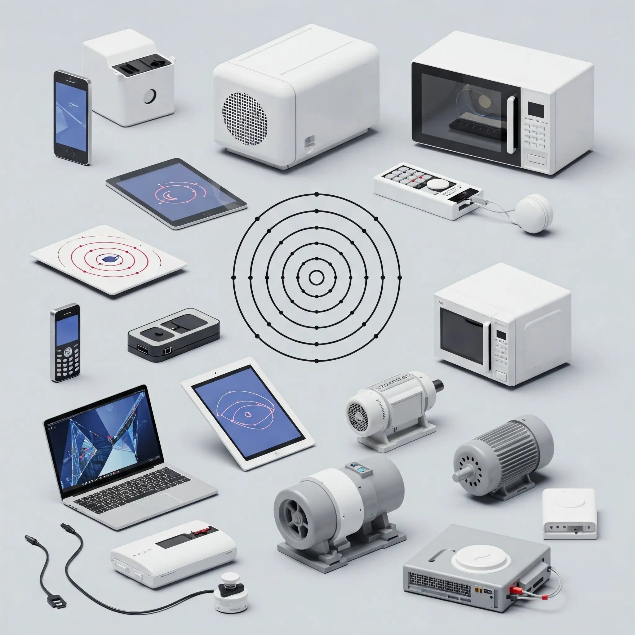 A collection of electronic devices, including a laptop, smartphone, and various gadgets on a wooden surface.