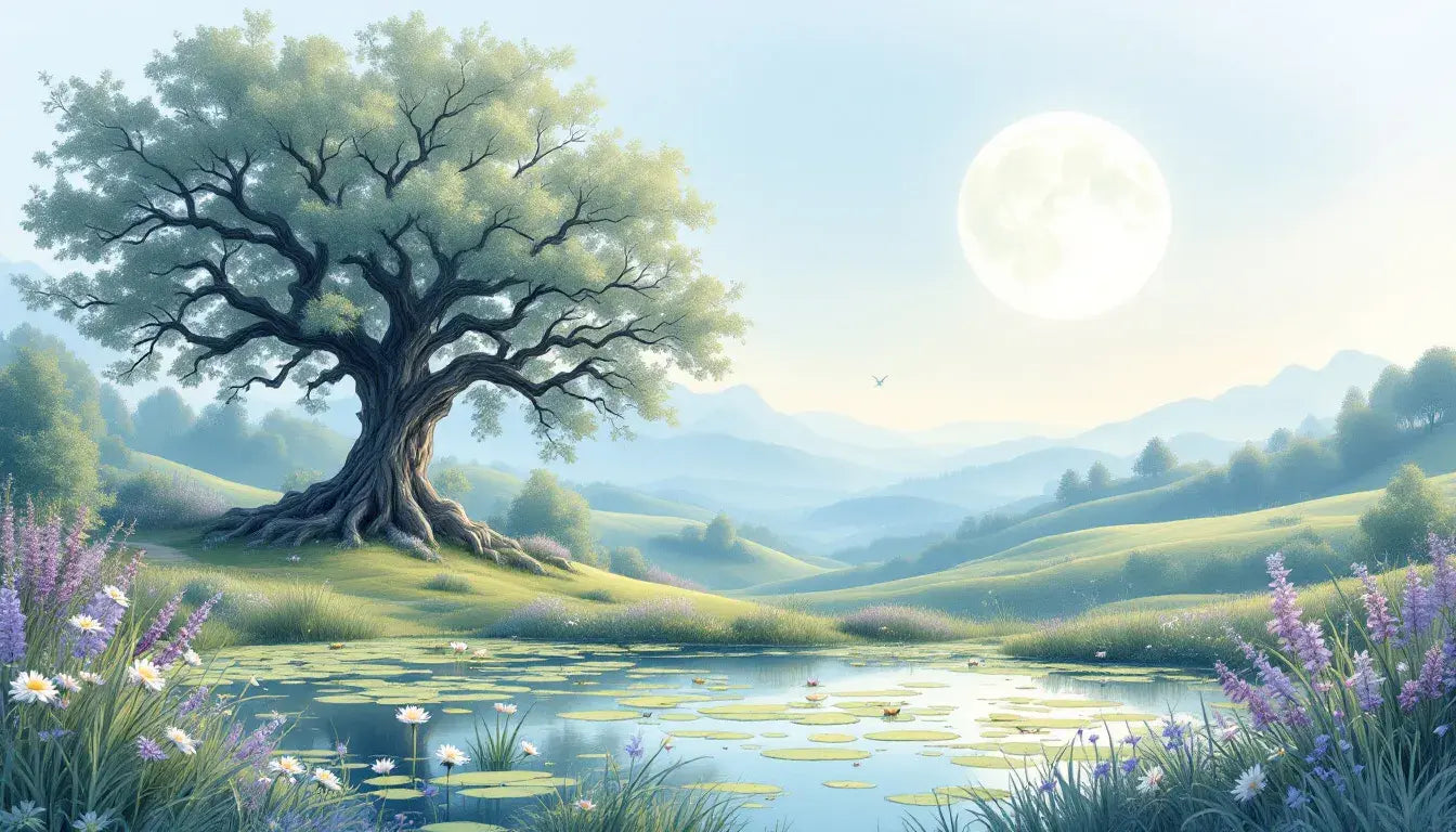 A serene painting depicting a tree beside a pond in a lush green field under a clear blue sky.