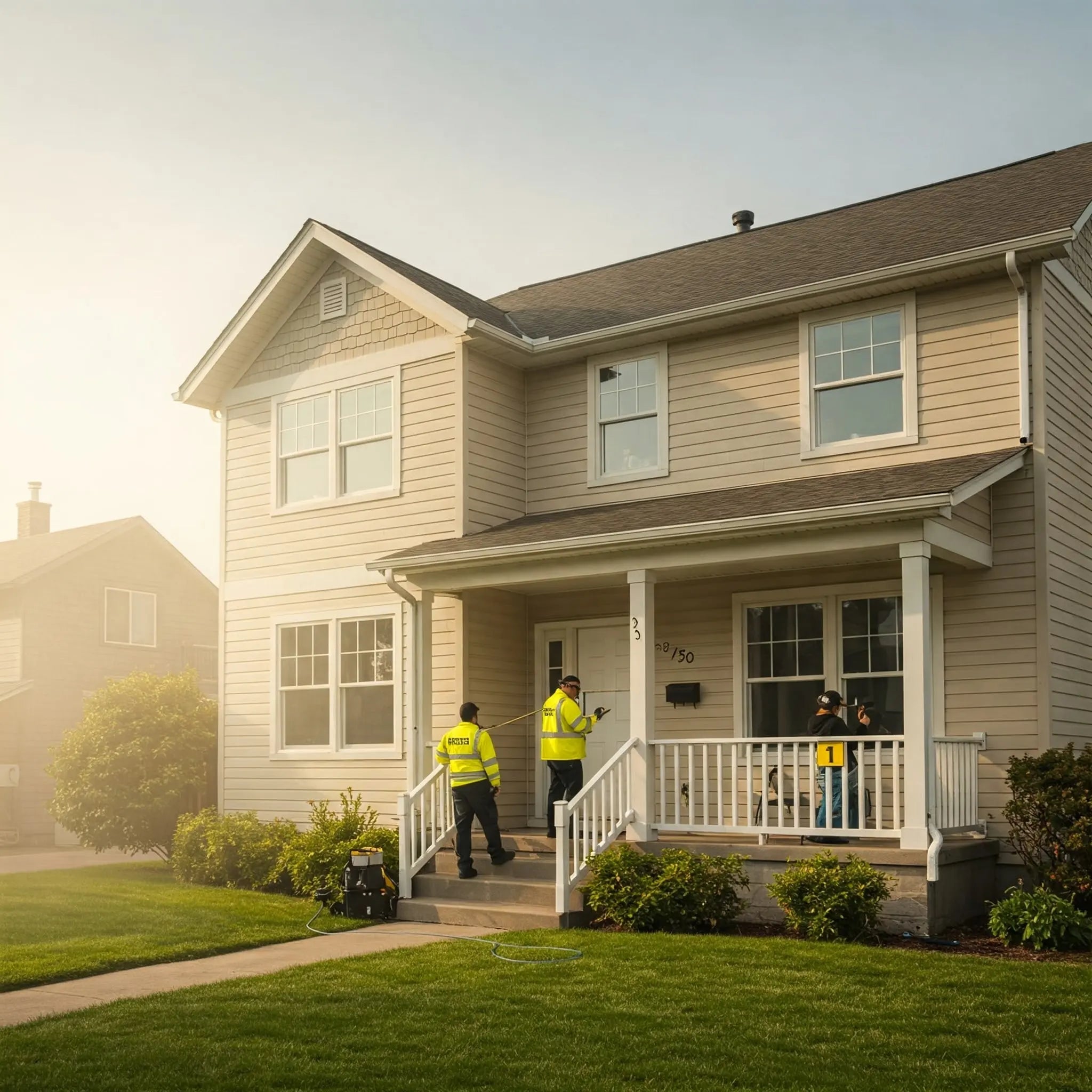 Two men in yellow vests standing on a house's front porch, engaged in conversation.