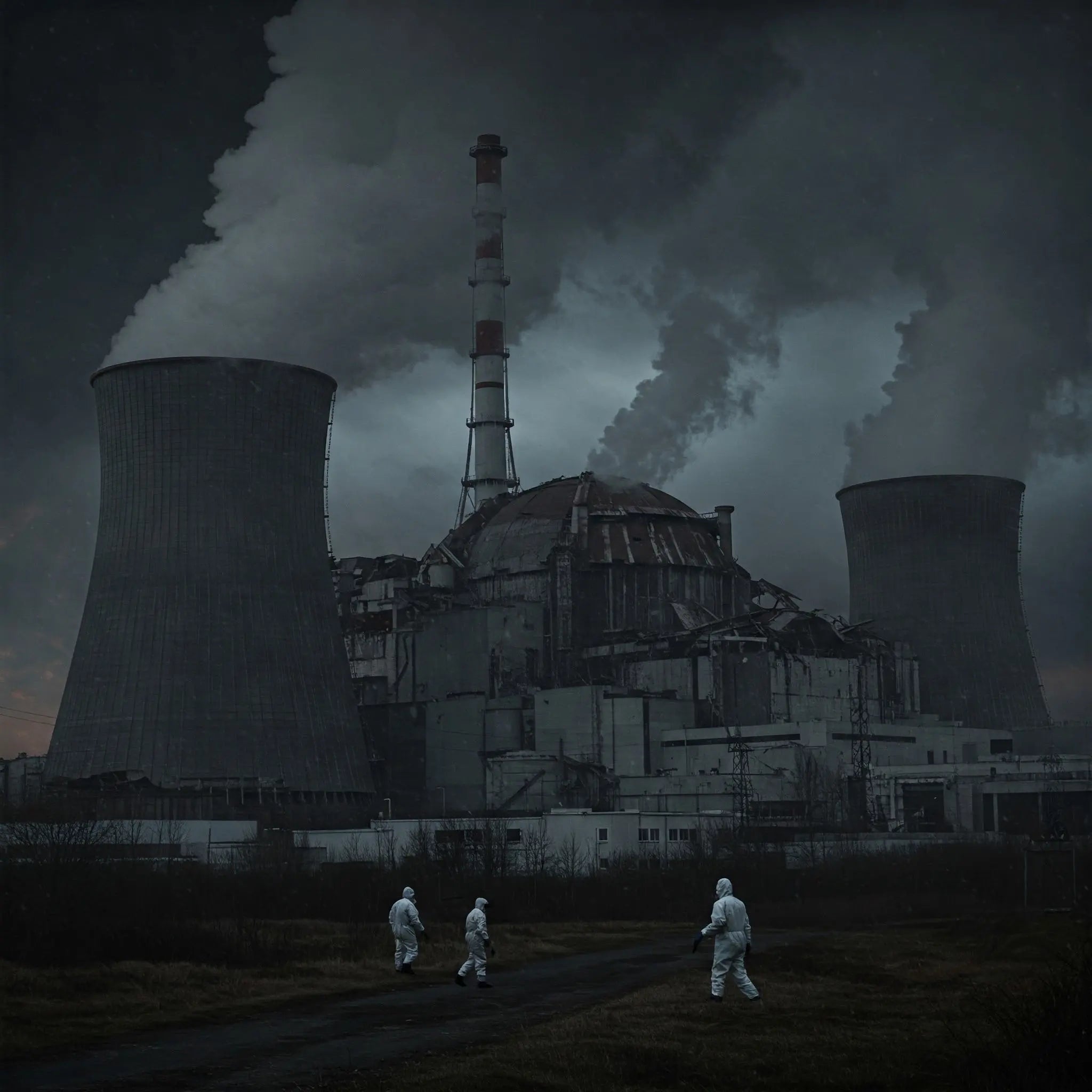 Three individuals in white suits walking near a nuclear power plant, with cooling towers visible in the background.