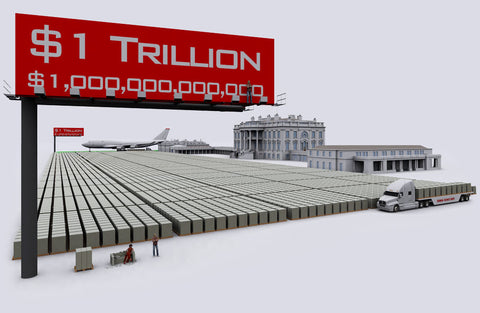Picture of a trillion dollars in $100 bills as compared to a semi, airplane and building.