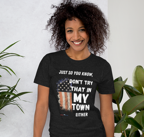 Picture of girl wearing Freedom-4-All's small town t-shirt