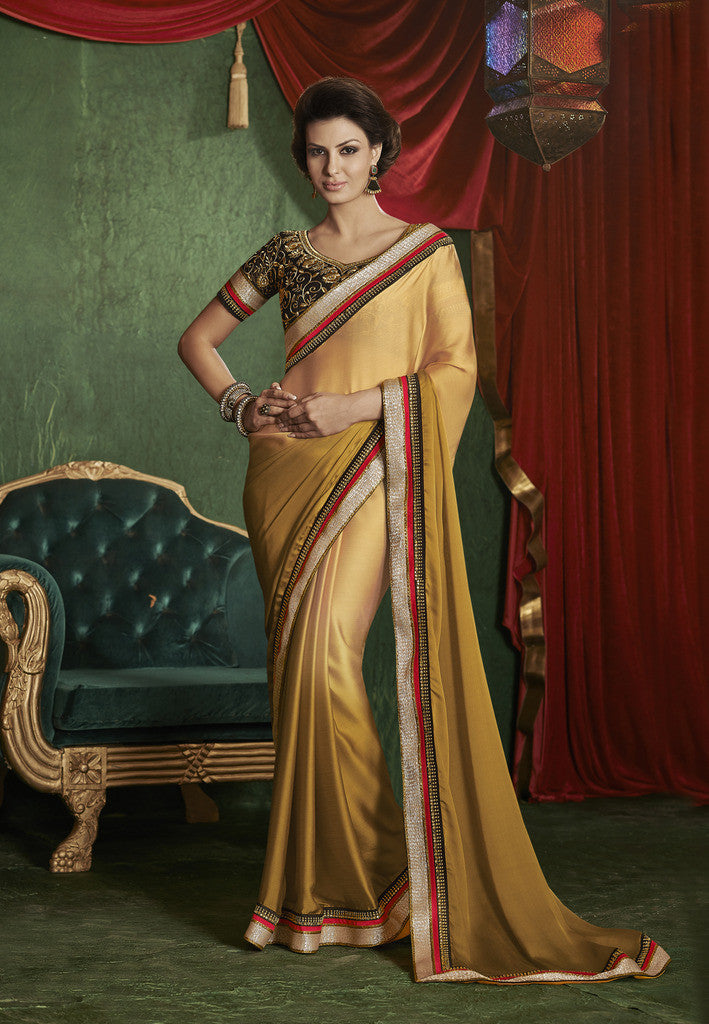 Fancy Satin Chiffon Light Gold Saree With Black Color Blouse And Designer Chiffon Silk Saree In Beige And Maroon Combo Offer