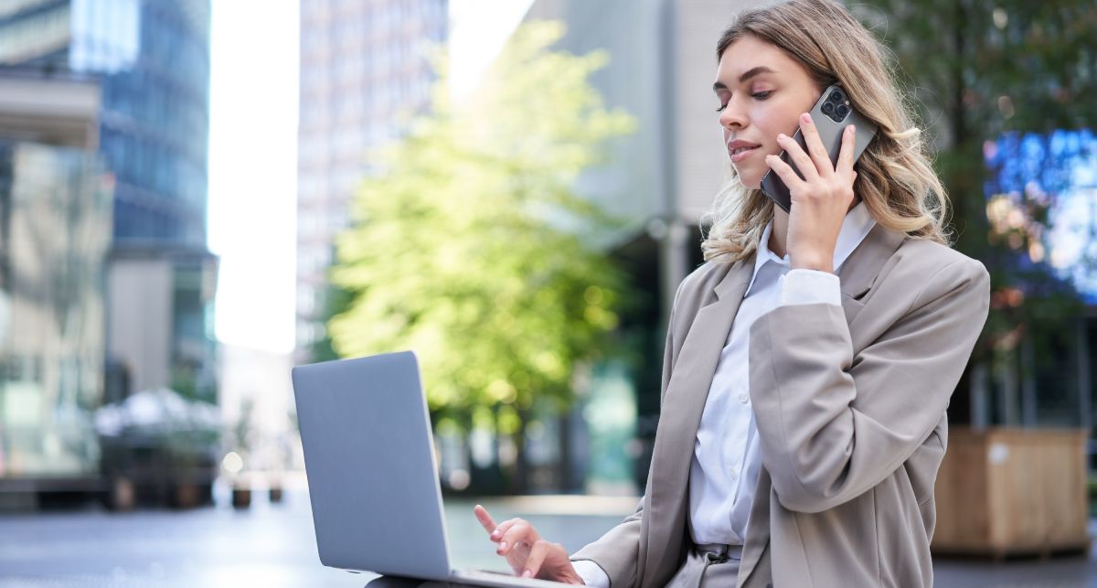 businesswoman cloud telephony devices