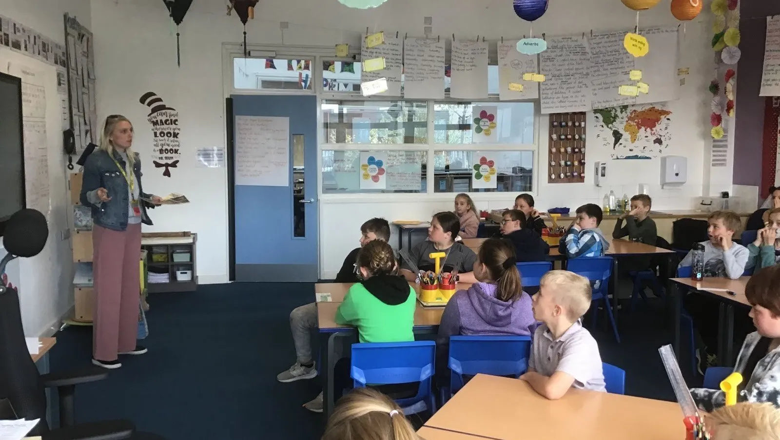 Faye, our co-founder educating St Martin's C of E school children in a classroom