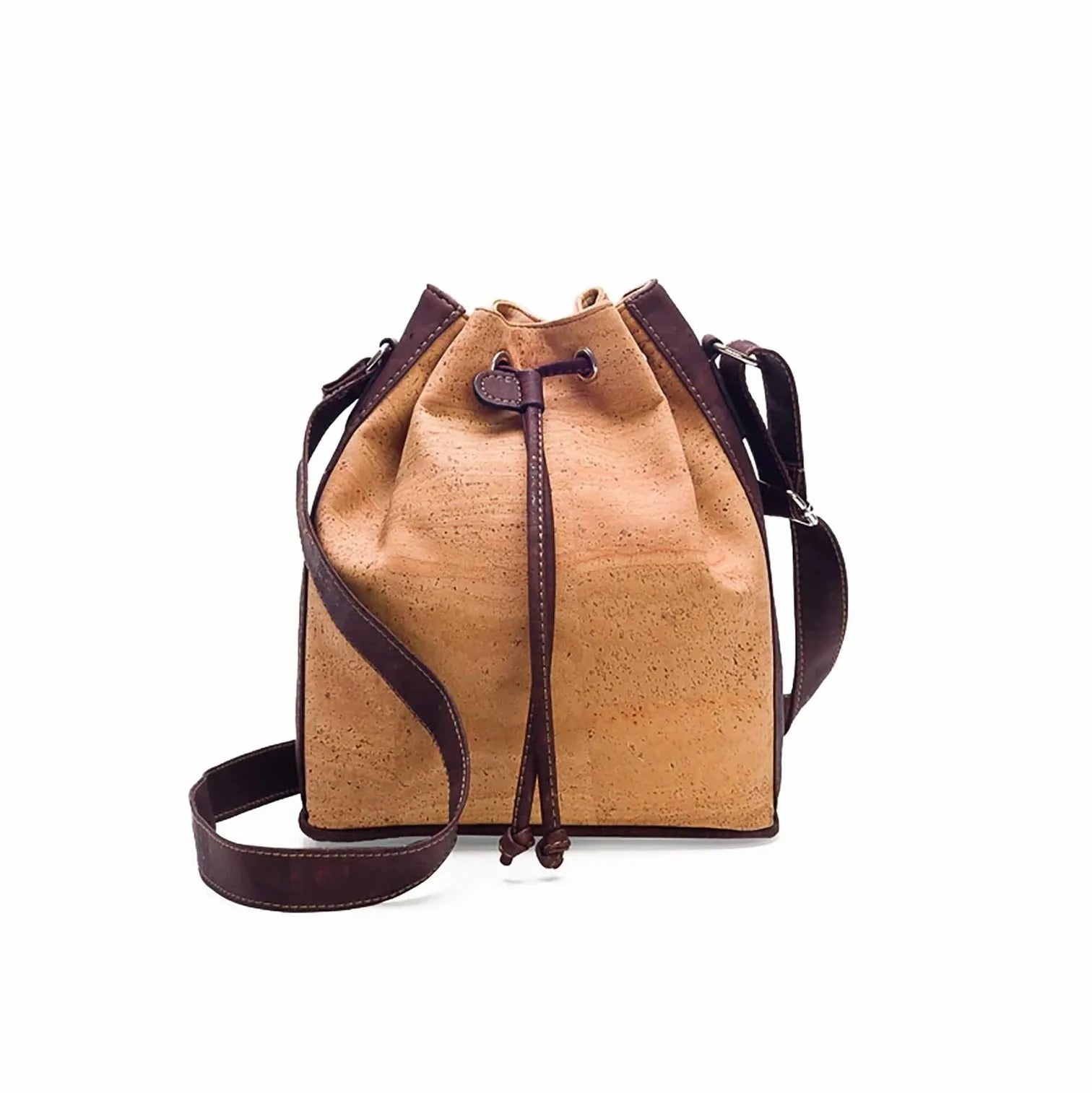 natural and brown cork leather bucket bag with drawstring front view