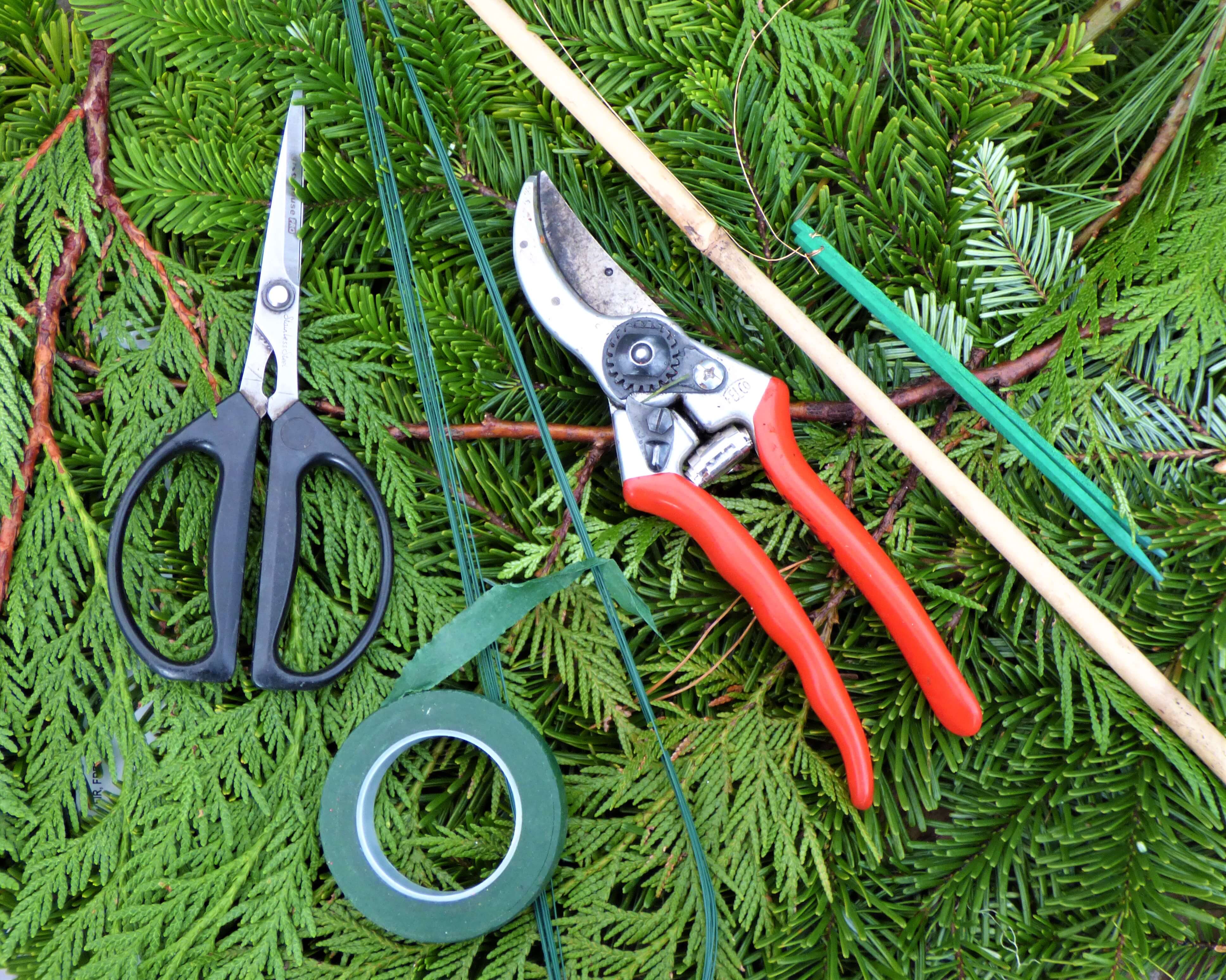 Assorted gardening tools for porch pot assembly