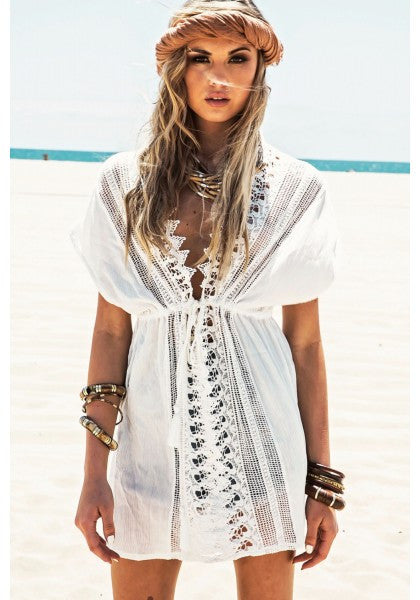 Blusa - vestido playero blanco roto con escote crochet VDS - Valentina Sur