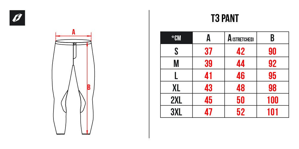 Jitsie T3 Pant Size Guide Road and Trials