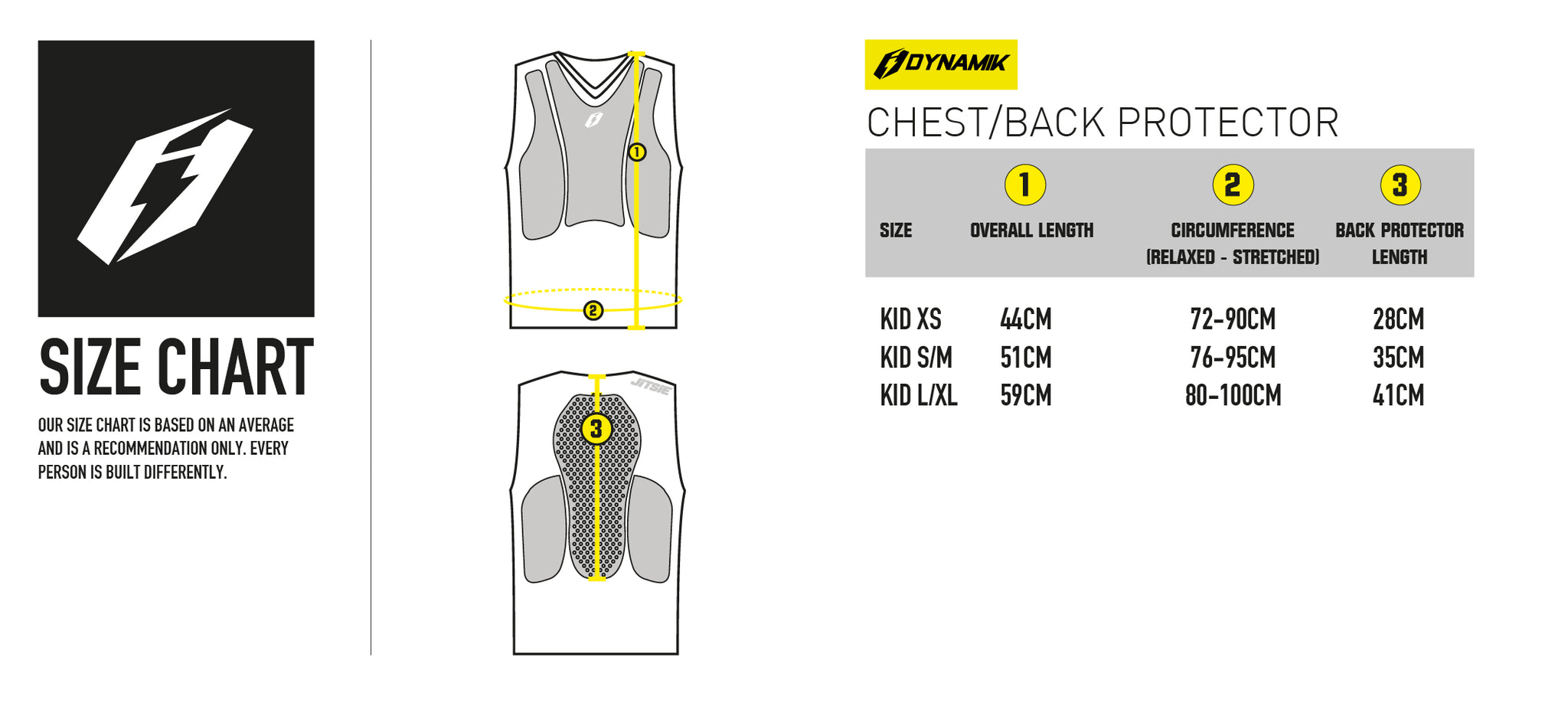 Kids Jitsie Dynamik Chest and Back Protector Size Chart