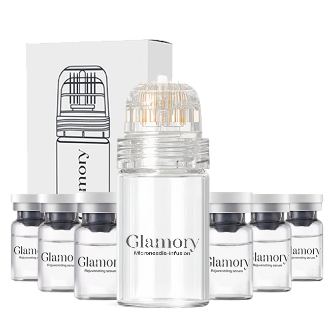 Microneedle infusion device and rejuvenating serum vials labeled 'Glamory' against a white background.