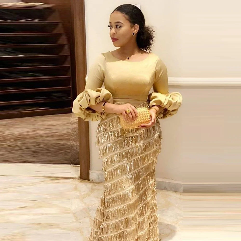 Women's Dresses Round Neck Lantern Long Sleeve Slim Gold