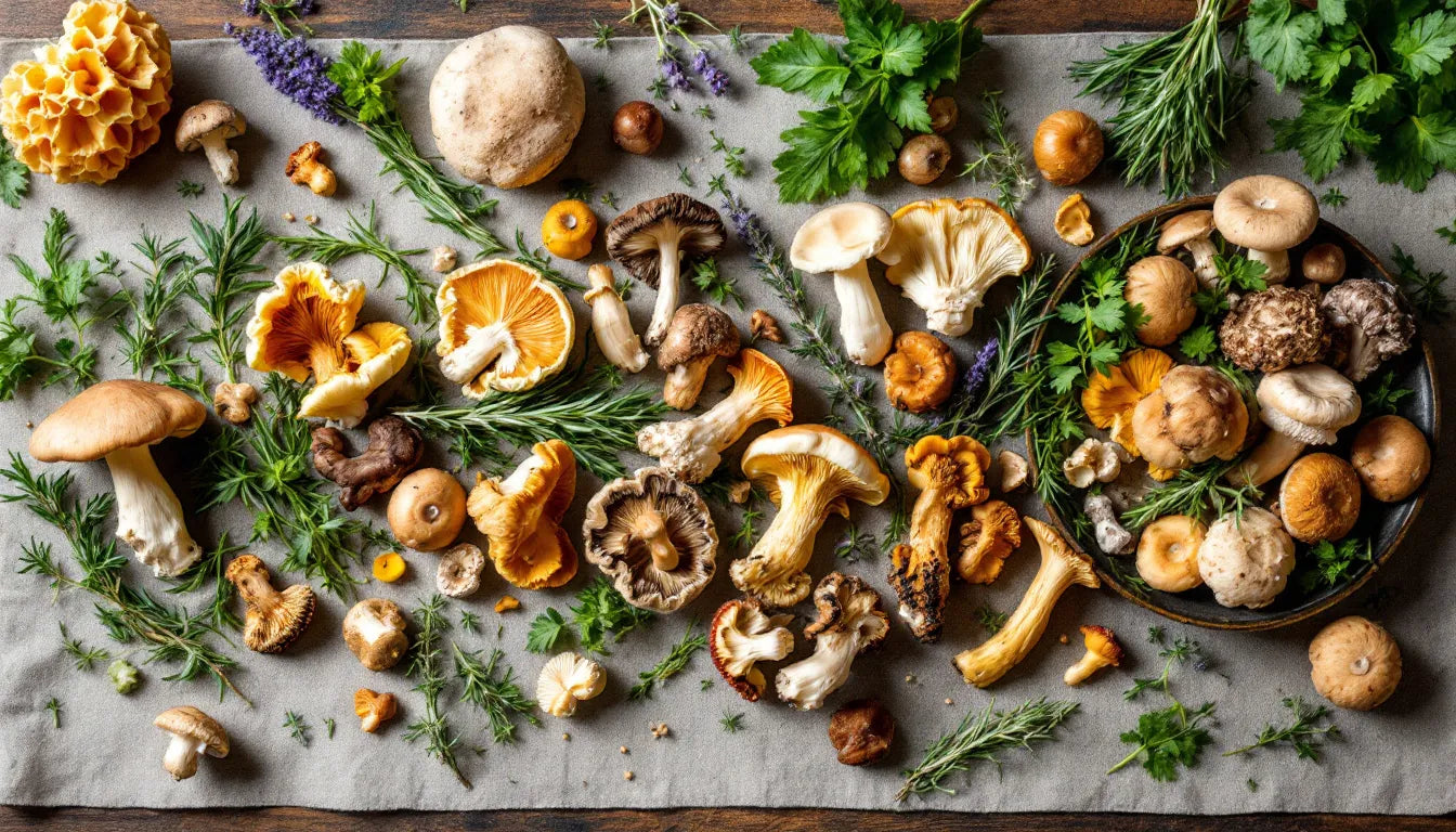 Medicinal mushrooms and herbs arranged for tea blending