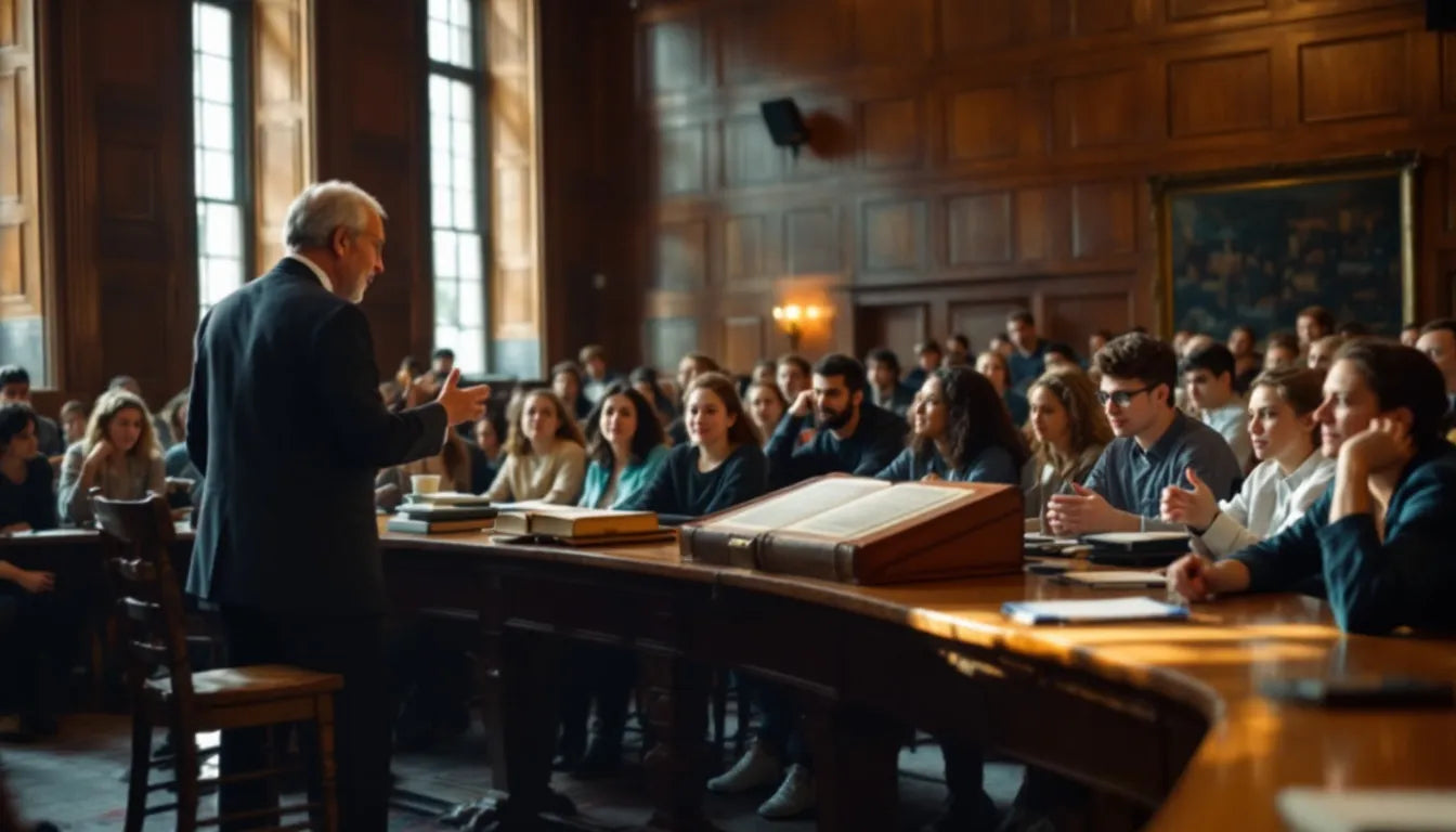 Lecture hall at Harvard Divinity School with scholars discussing psychedelic research.