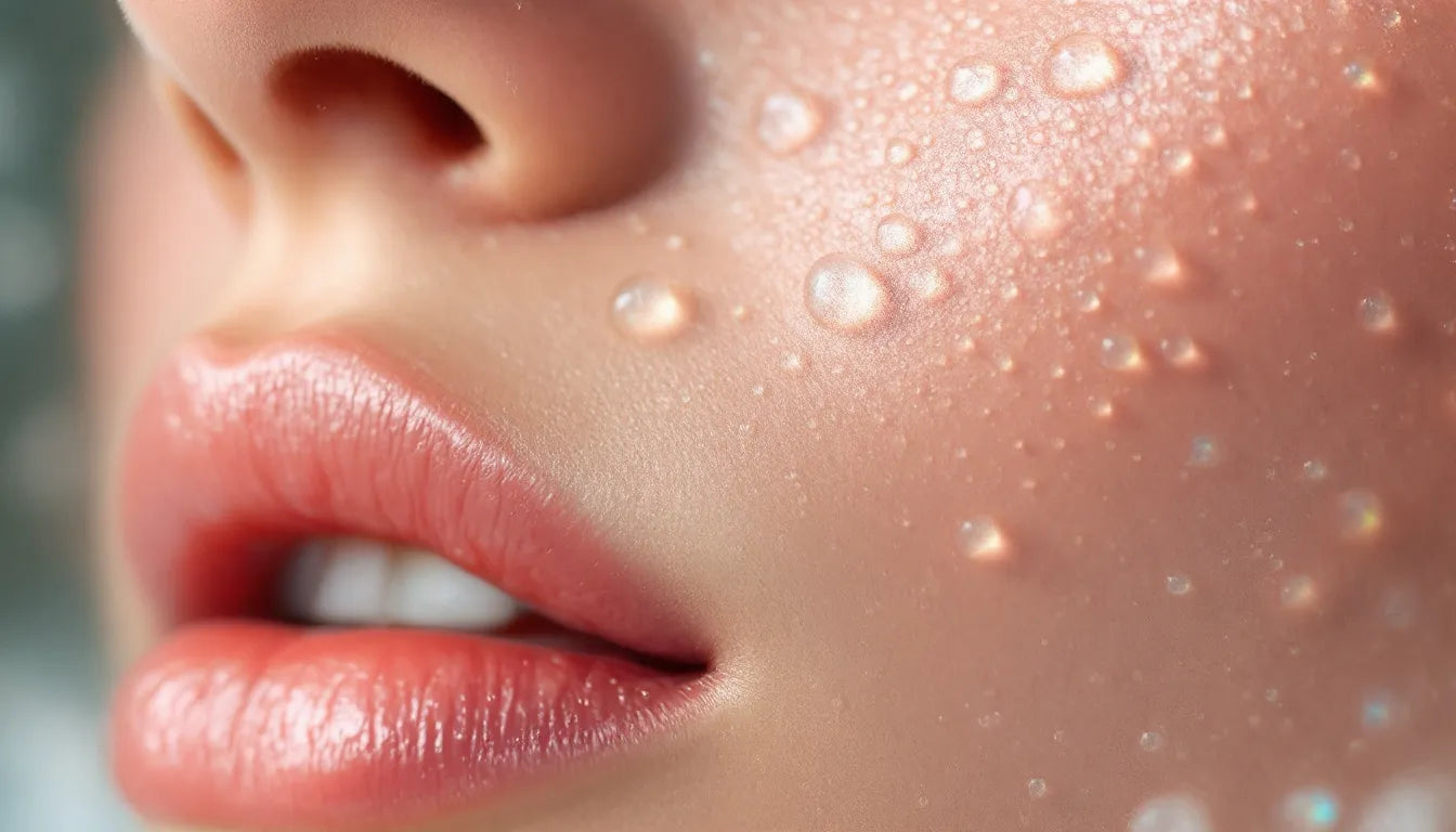Close-up of dewy, well-hydrated skin with water droplets