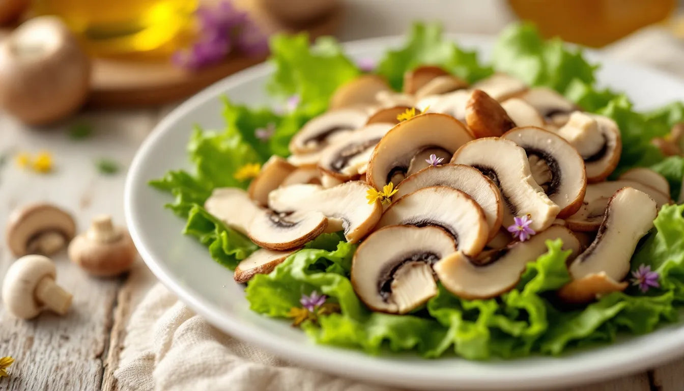 Raw lion’s mane mushroom sliced on salad plate