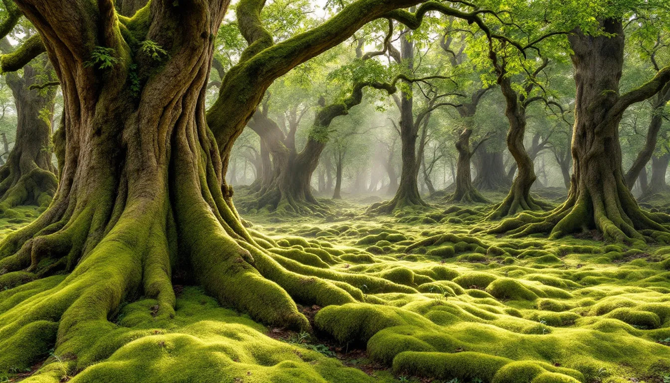 A lush mossy forest with oak and beech trees, ideal for black trumpet mushrooms.
