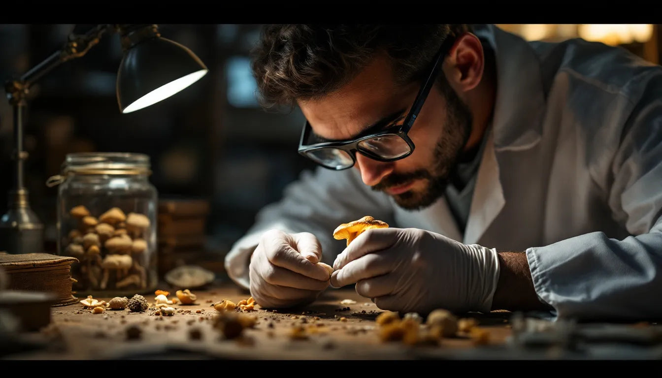 Person inspecting mushroom with magnifying glass indoors