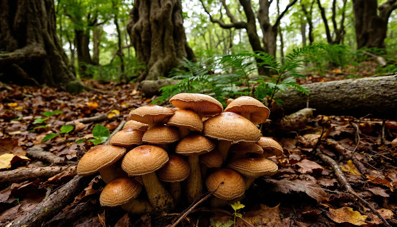 Porcini mushrooms lying on a forest floor with moss