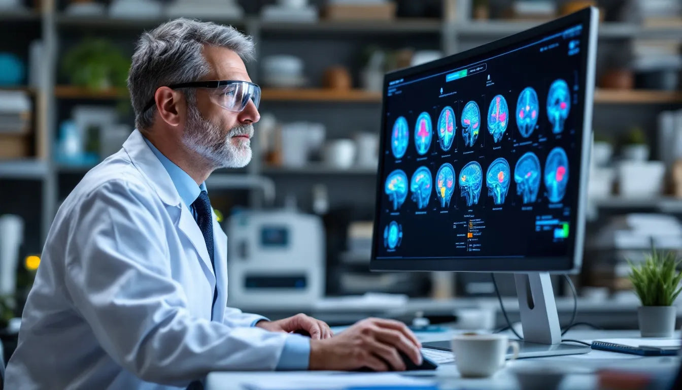 A scientist closely examining brain scan images on a computer monitor in a lab.