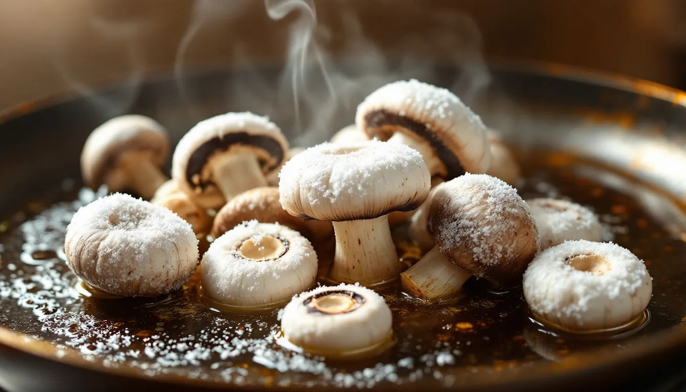 Frozen mushrooms sizzling in a hot skillet