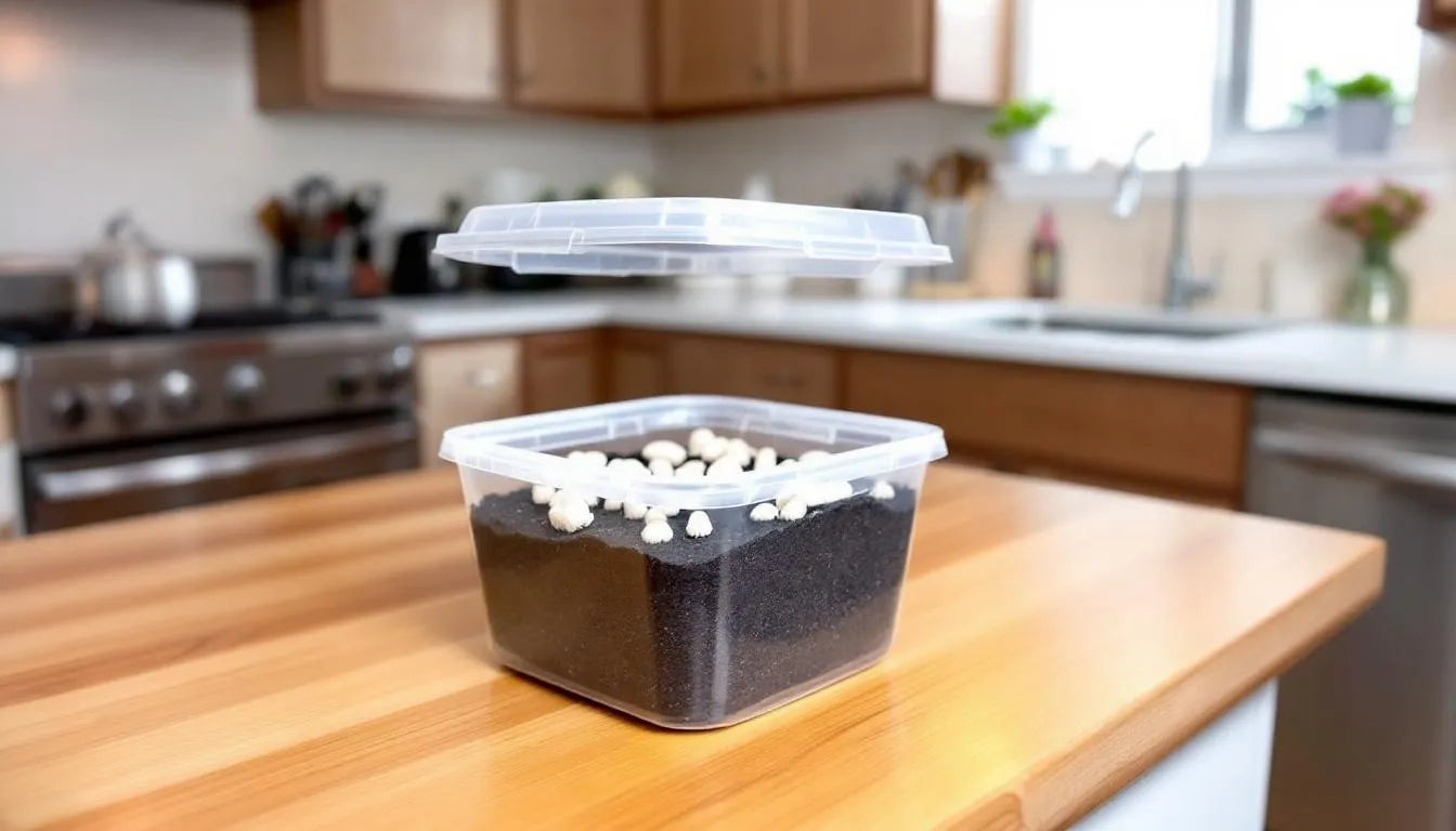 Medicinal mushroom grow kit at home kitchen