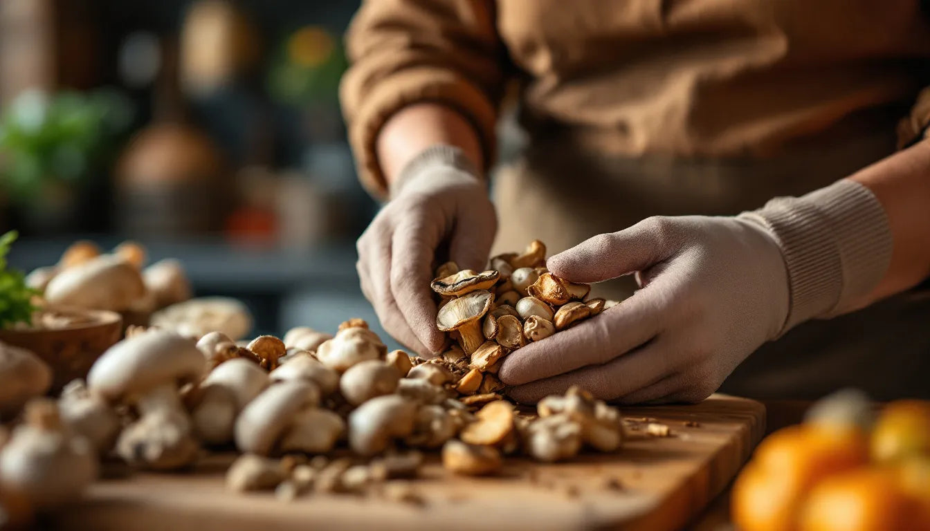 Individual gently holding dried psychedelic mushrooms