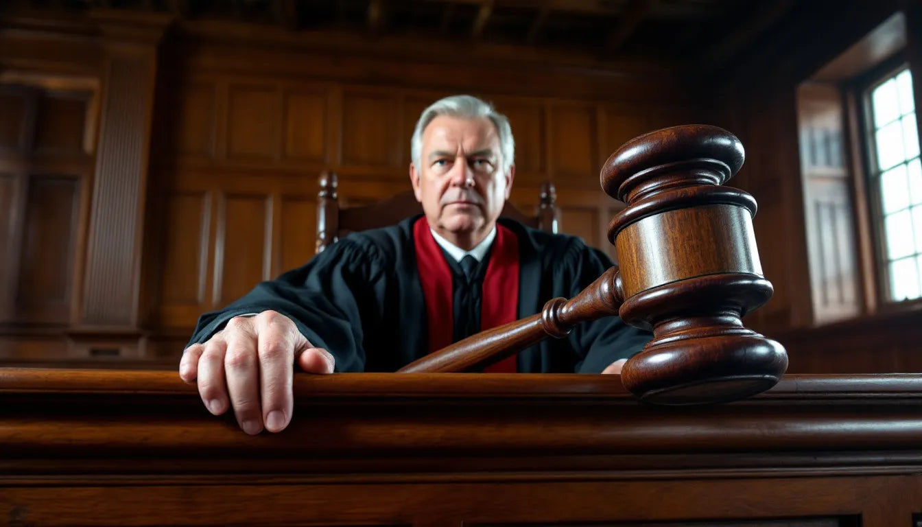 Courtroom scene with judge's gavel on a desk