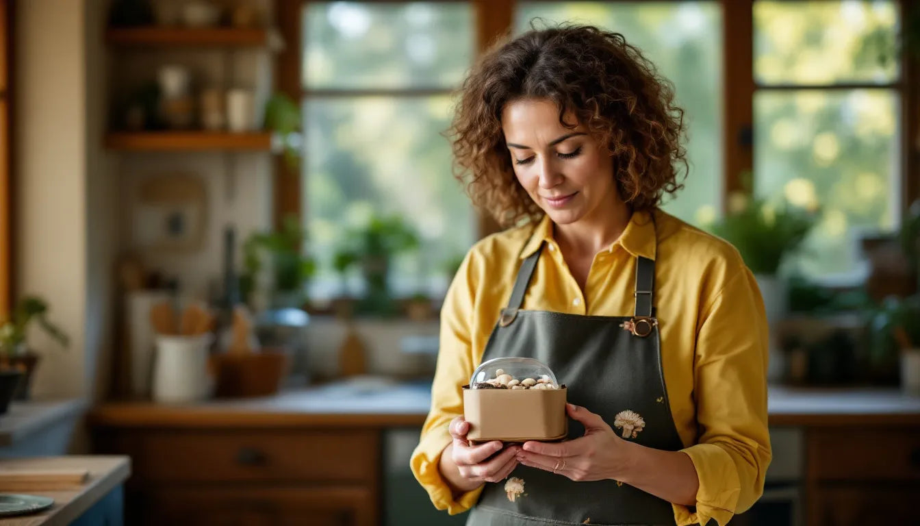 Person checking mushroom grow kit on kitchen counter