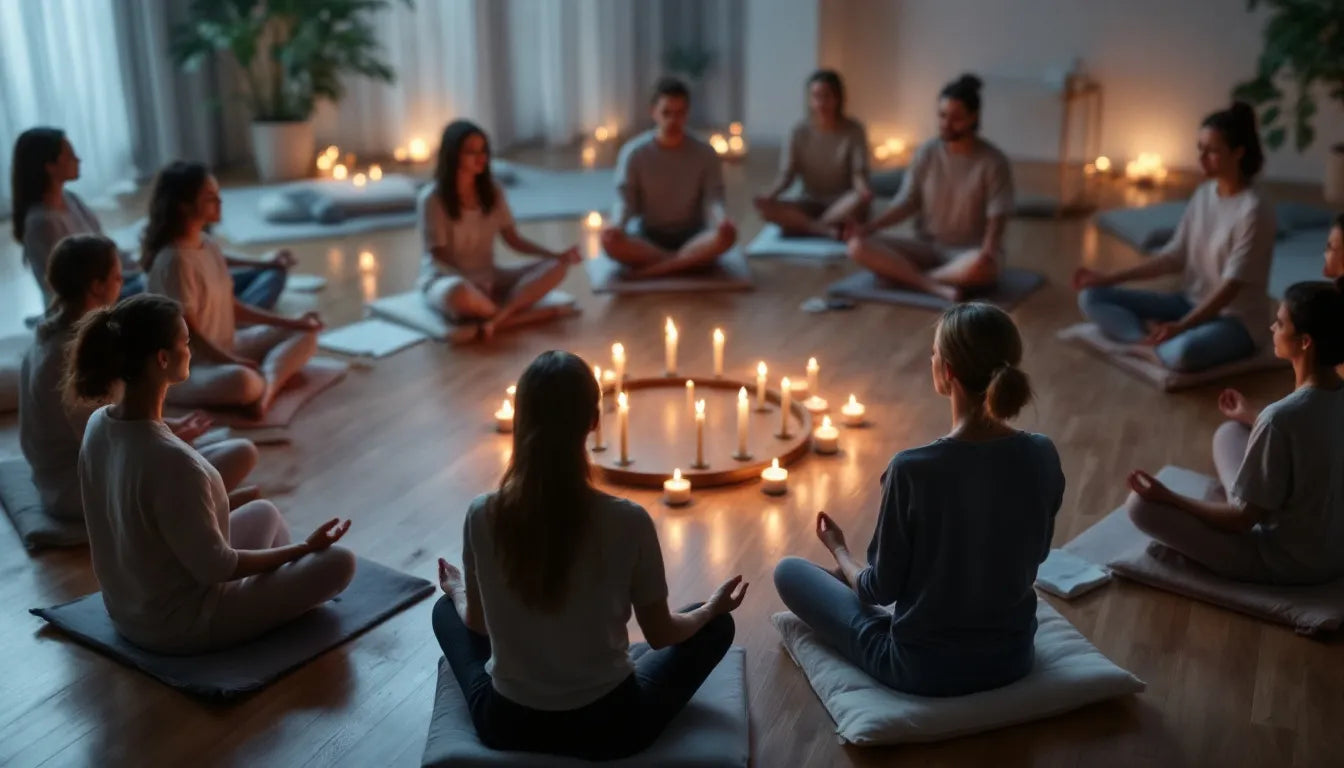 Circle of people meditating with candles