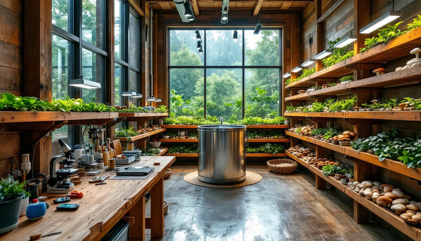 An eco-friendly mushroom cultivation setup with fresh mushrooms growing.