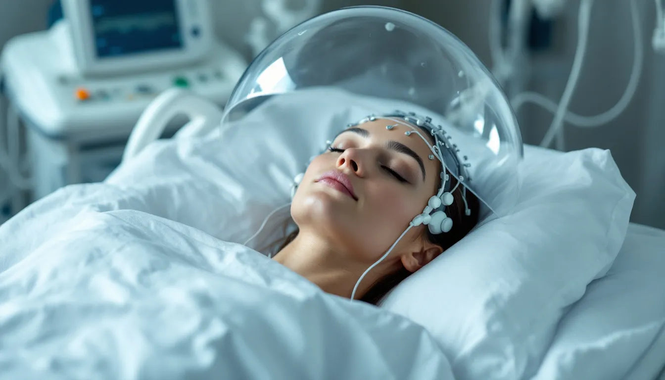Patient wearing EEG cap to monitor consciousness levels