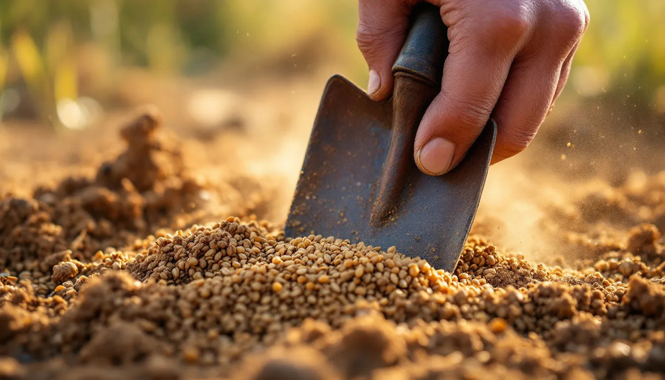 Mixing mushroom grain spawn into moist substrate by hand