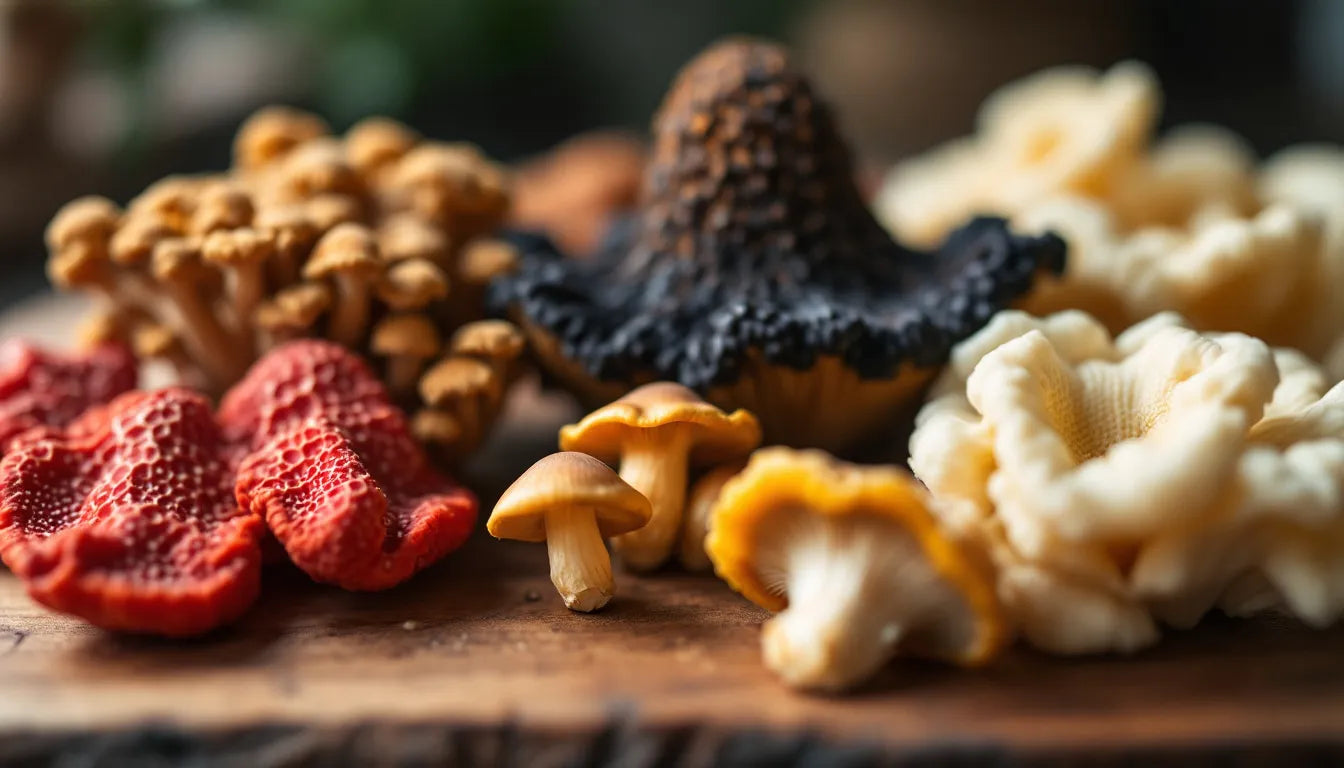 Variety of fresh medicinal mushrooms for immune support