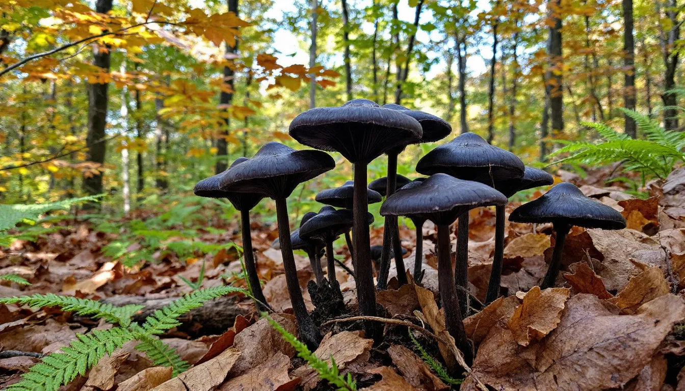 Black Trumpet mushrooms growing naturally in a forest setting.