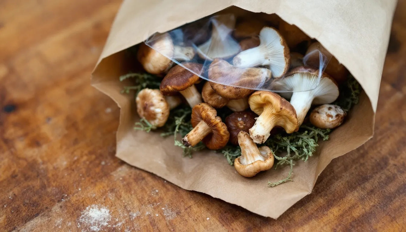 Fresh mushrooms stored in a paper bag