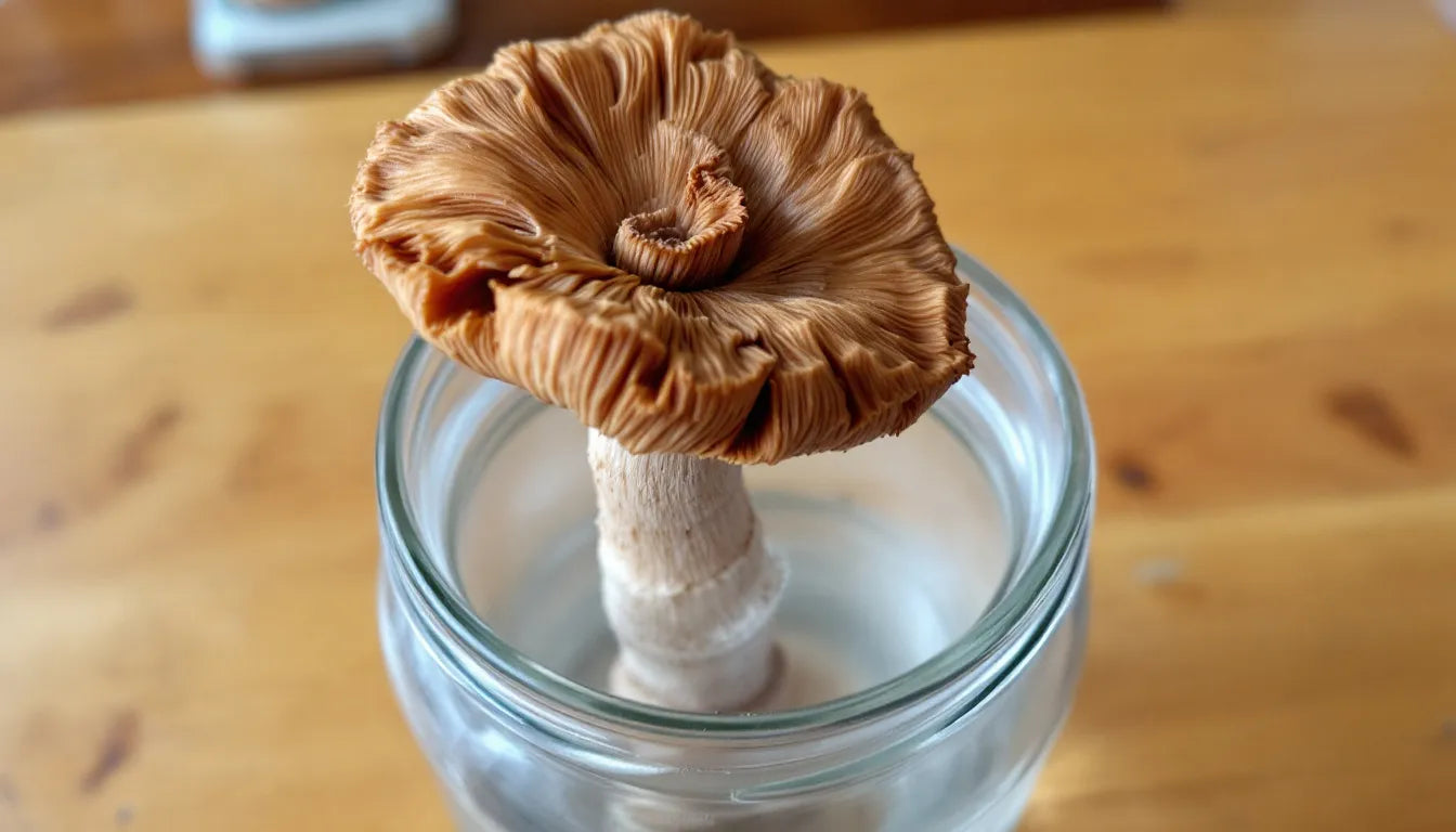 Jar of strained mushroom soaking water on kitchen counter