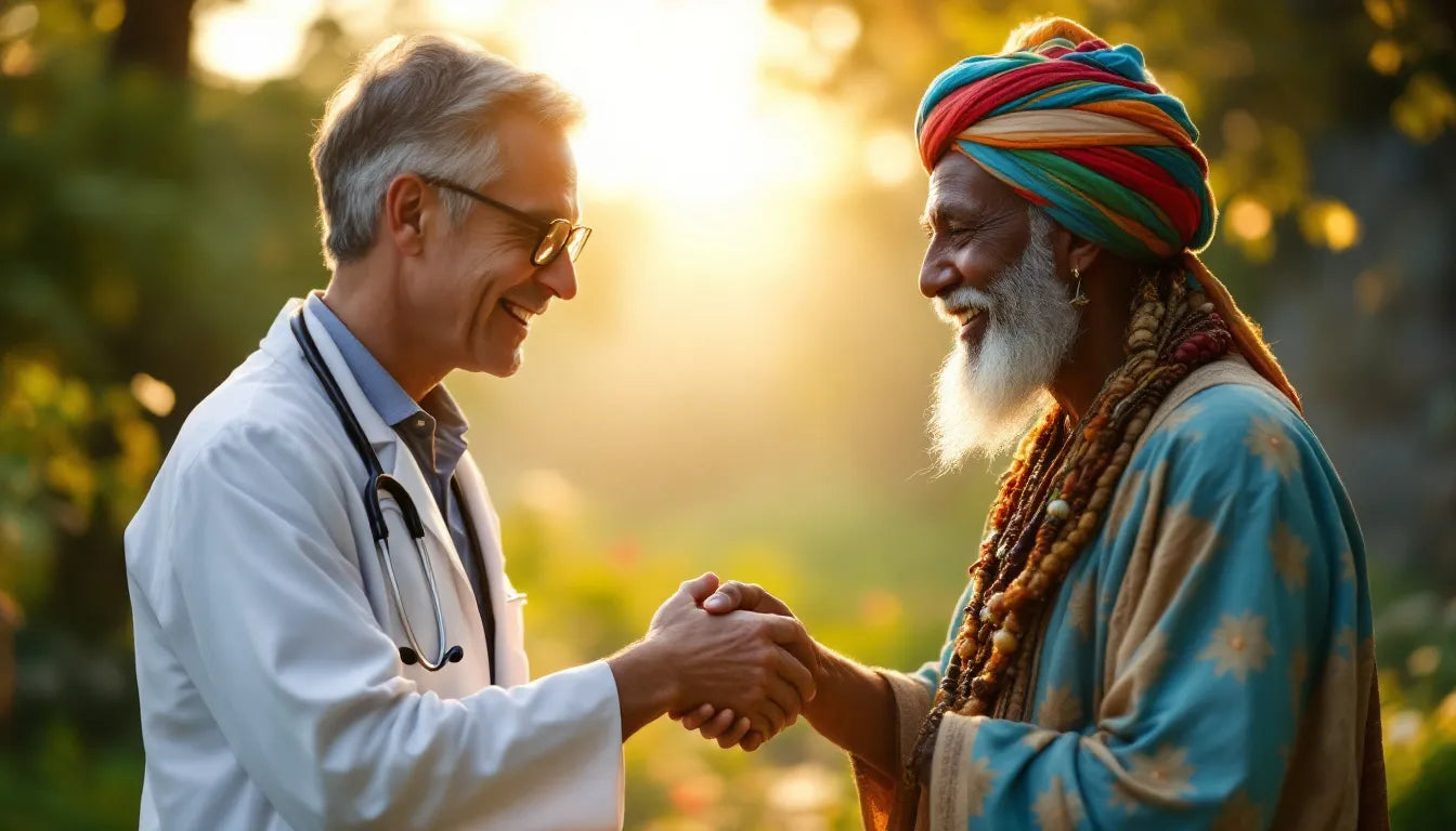 A handshake symbolizing collaboration between a doctor and spiritual healer.