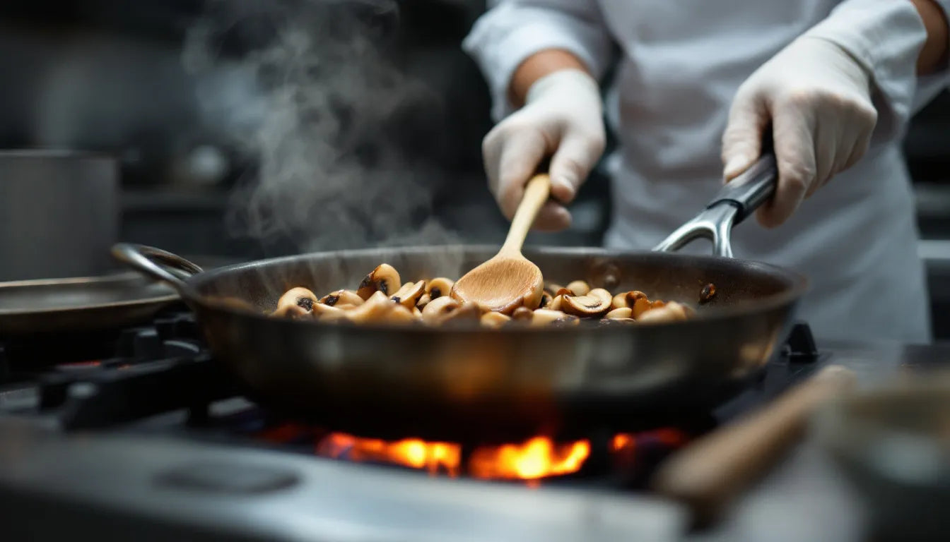 Chef cooking mushrooms with golden crust in a pan