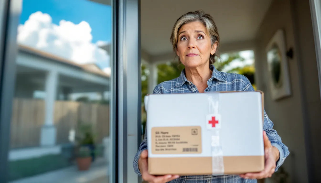A person receiving a medical package at their doorstep.