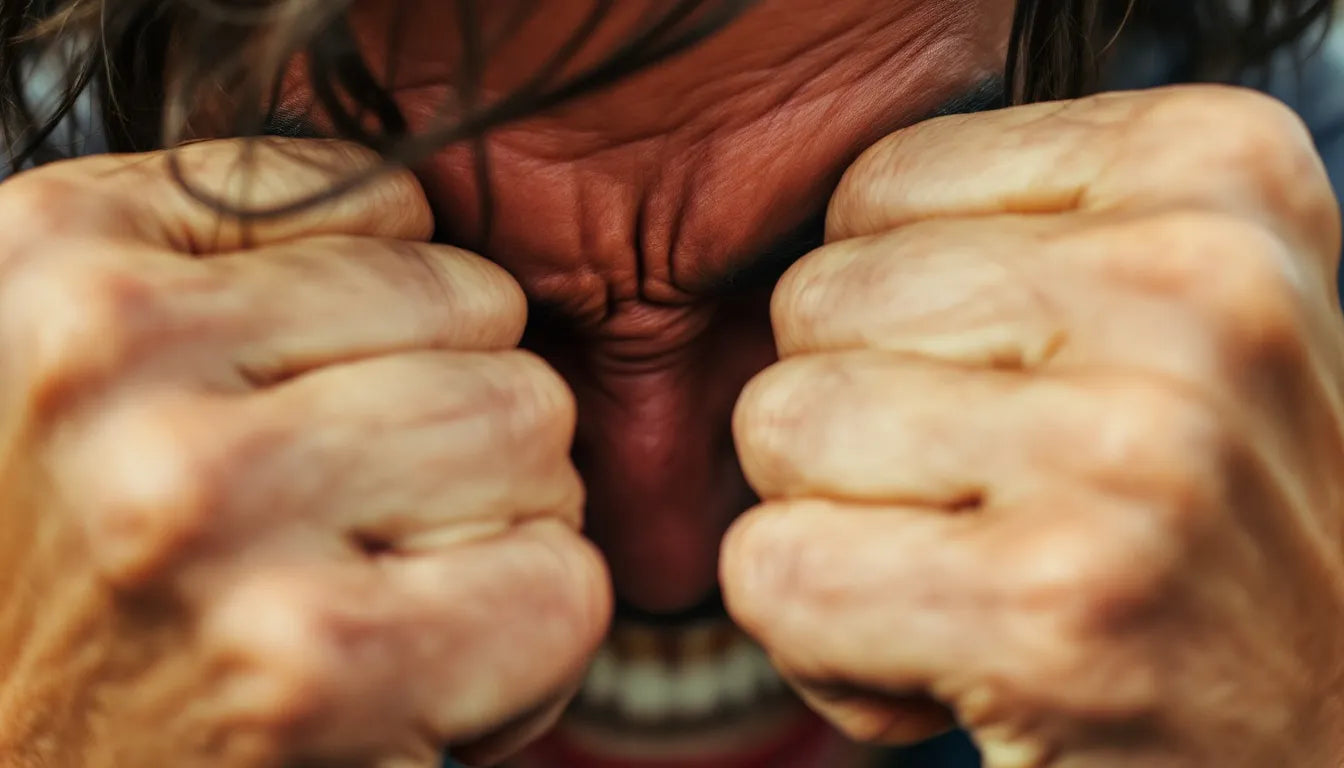 Close-up of an angry person clenching their fists in frustration.