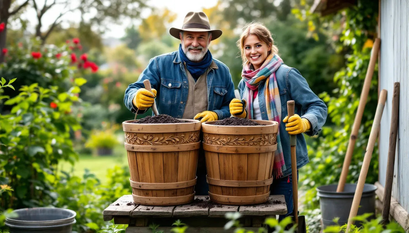 Group of gardeners sharing compost from buckets