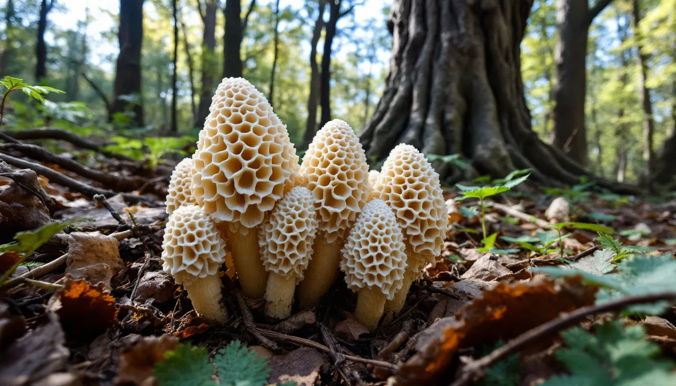 True morel mushrooms growing in natural forest habitat